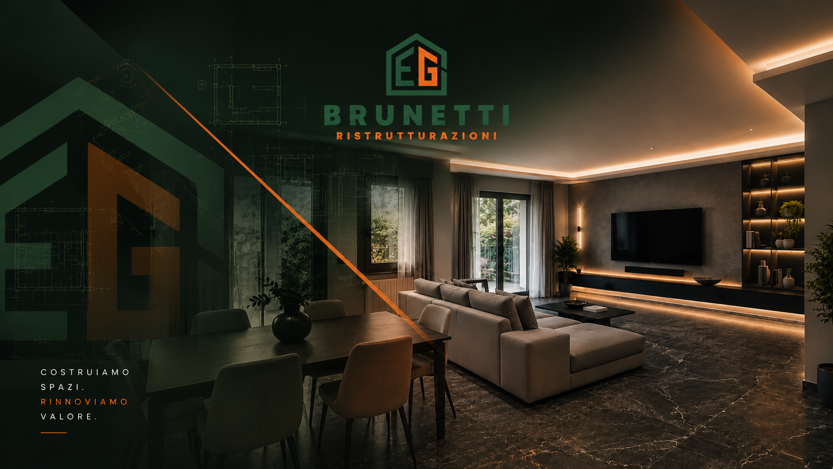 Rendering Brunetti Ristrutturazioni di un ambiente contemporaneo con il messaggio Costruiamo spazi, rinnoviamo valore